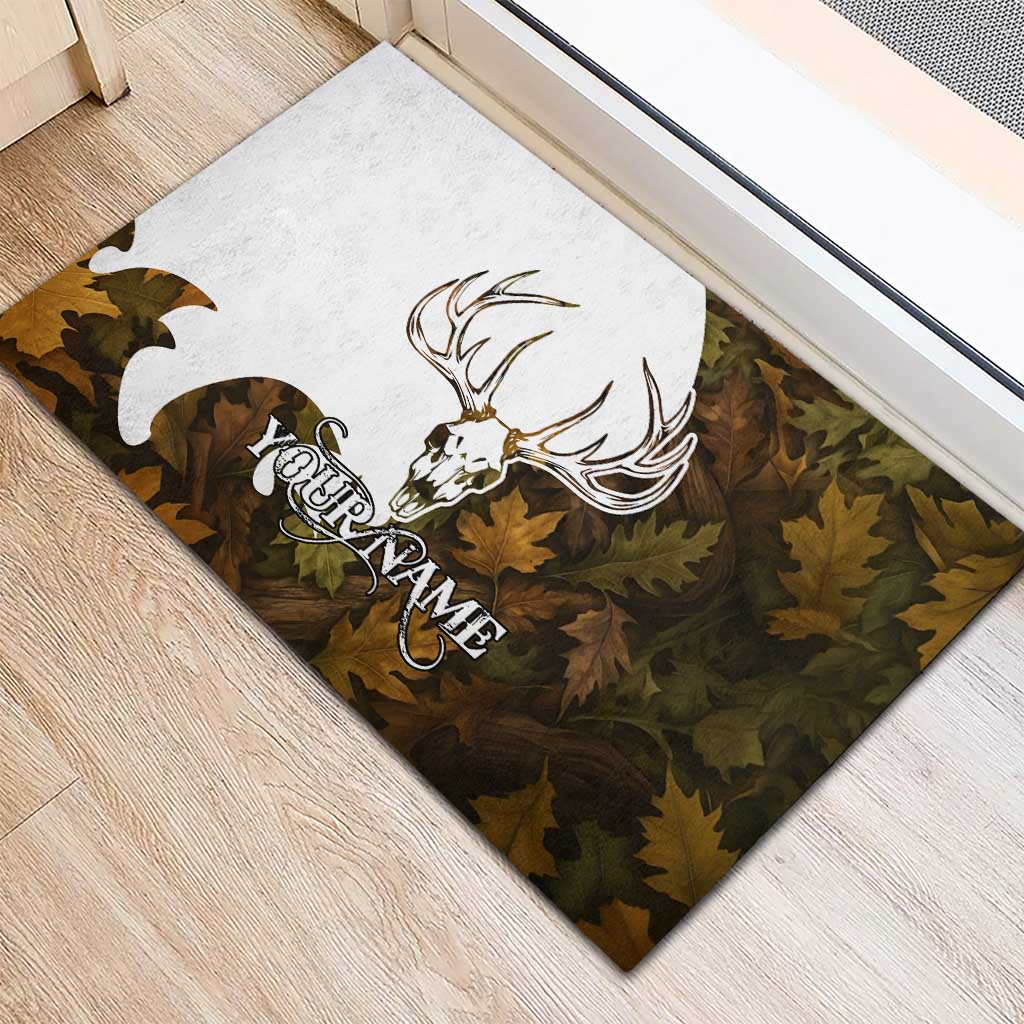 Custom Deer Hunting Skull Rubber Doormat with Antlers Graphic on Autumn Leaf Camo Background - Wonder Print Shop