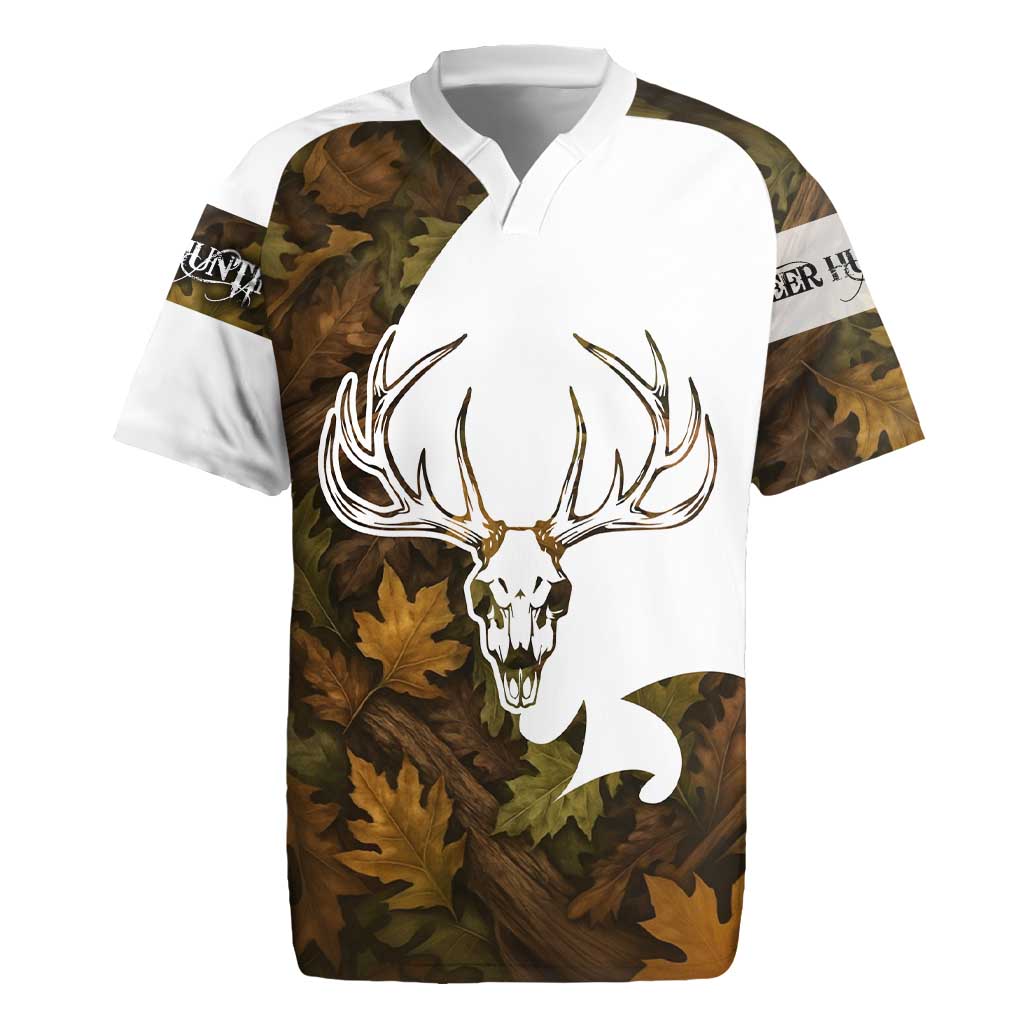 Custom Deer Hunting Skull Rugby Jersey with Antlers Graphic on Autumn Leaf Camo Background - Wonder Print Shop