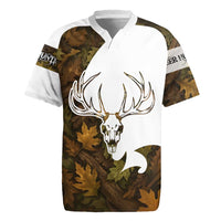 Custom Deer Hunting Skull Rugby Jersey with Antlers Graphic on Autumn Leaf Camo Background - Wonder Print Shop