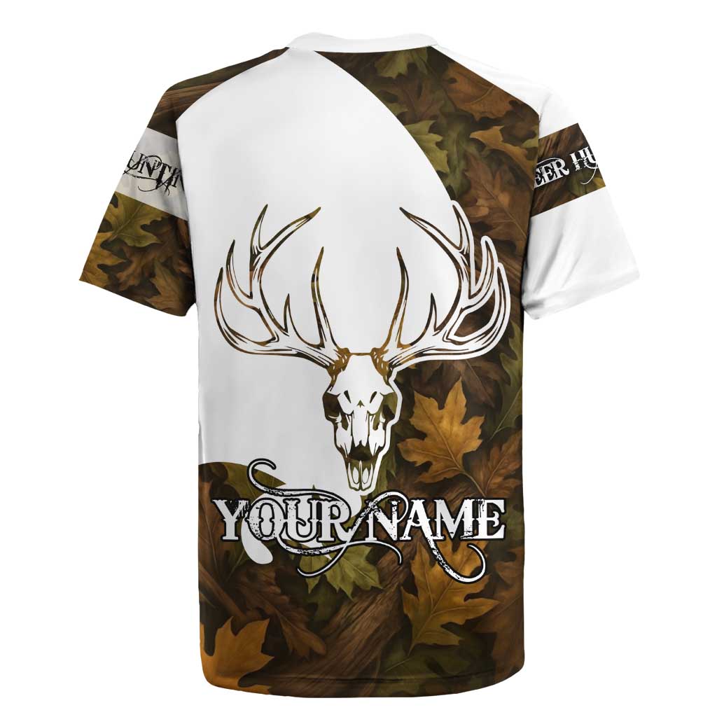Custom Deer Hunting Skull Rugby Jersey with Antlers Graphic on Autumn Leaf Camo Background - Wonder Print Shop