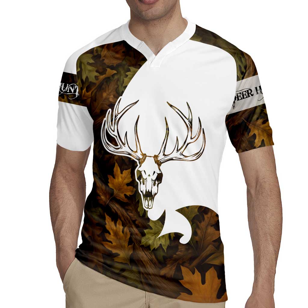 Custom Deer Hunting Skull Rugby Jersey with Antlers Graphic on Autumn Leaf Camo Background - Wonder Print Shop