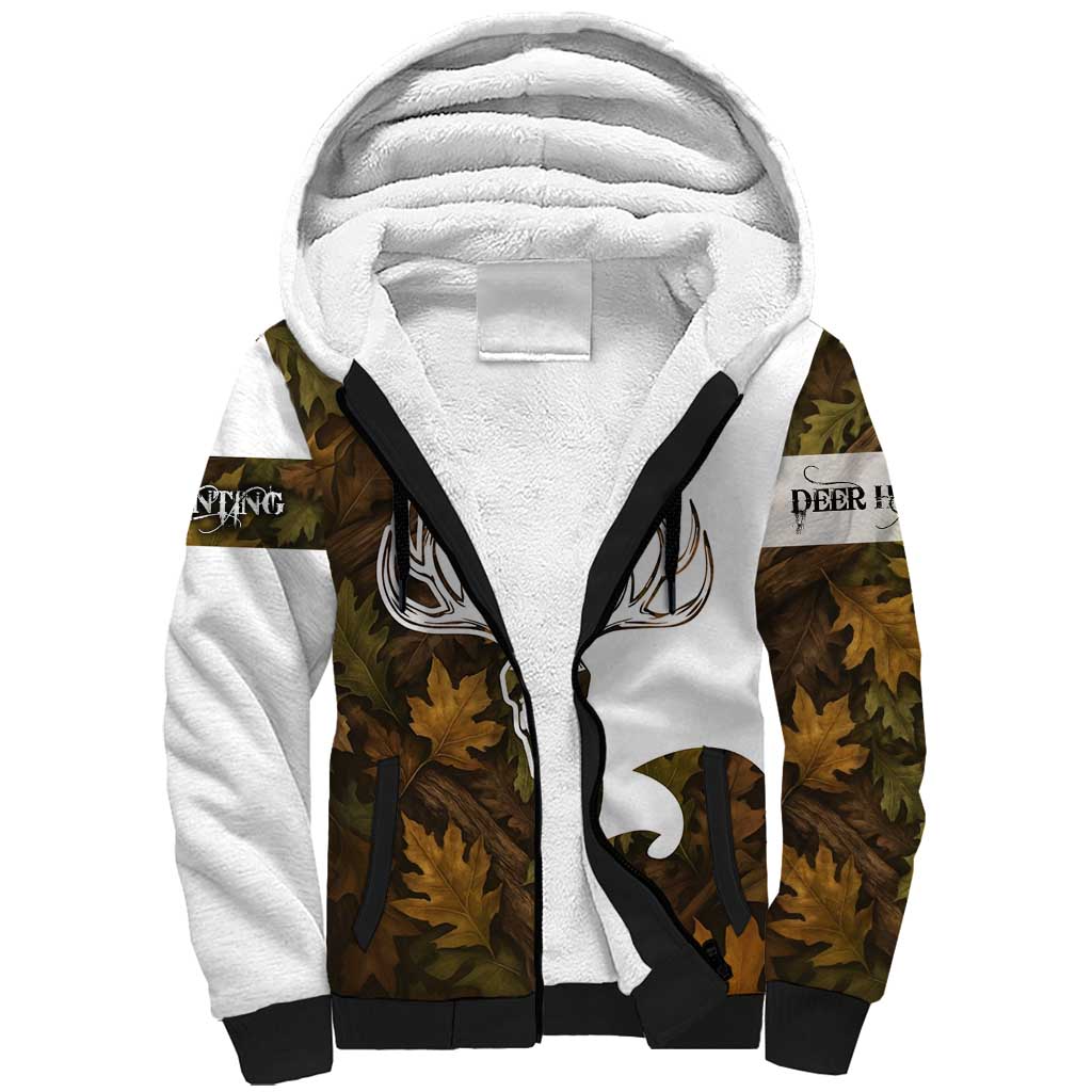 Custom Deer Hunting Skull Sherpa Hoodie with Antlers Graphic on Autumn Leaf Camo Background - Wonder Print Shop