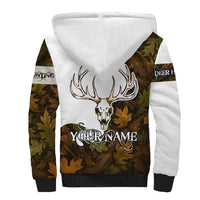 Custom Deer Hunting Skull Sherpa Hoodie with Antlers Graphic on Autumn Leaf Camo Background - Wonder Print Shop