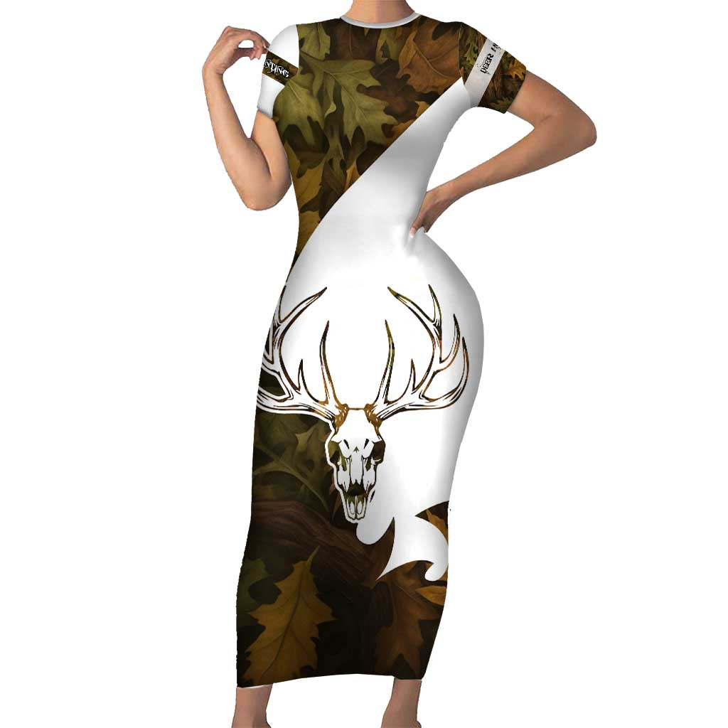 Custom Deer Hunting Skull Short Sleeve Bodycon Dress with Antlers Graphic on Autumn Leaf Camo Background - Wonder Print Shop