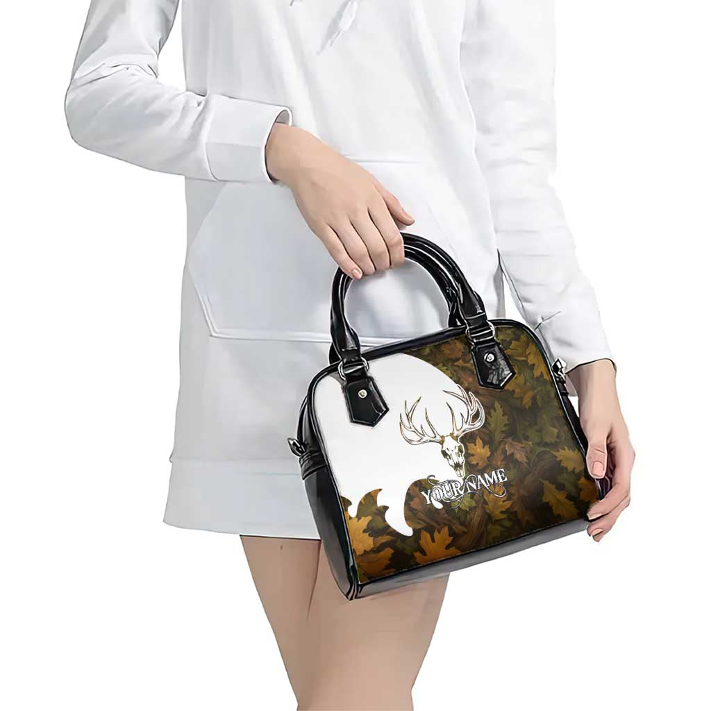 Custom Deer Hunting Skull Shoulder Handbag with Antlers Graphic on Autumn Leaf Camo Background - Wonder Print Shop