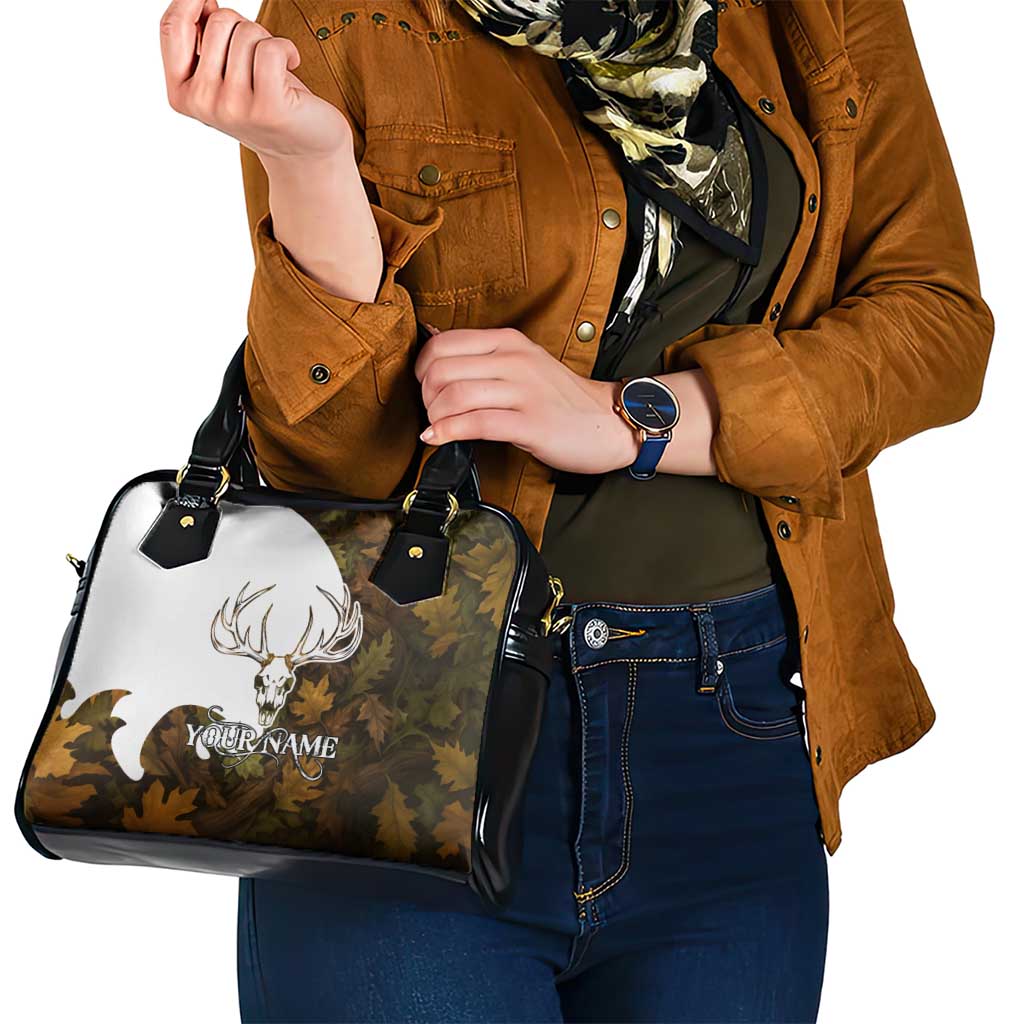 Custom Deer Hunting Skull Shoulder Handbag with Antlers Graphic on Autumn Leaf Camo Background - Wonder Print Shop