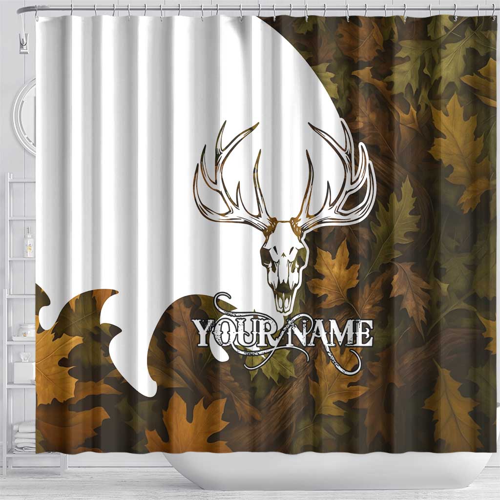 Custom Deer Hunting Skull Shower Curtain with Antlers Graphic on Autumn Leaf Camo Background - Wonder Print Shop