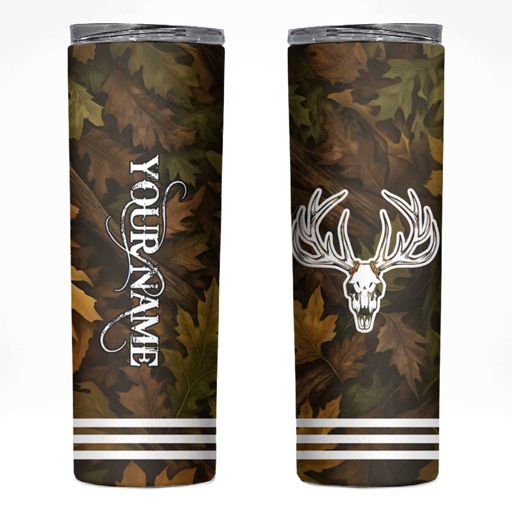 Custom Deer Hunting Skull Skinny Tumbler with Antlers Graphic on Autumn Leaf Camo Background - Wonder Print Shop
