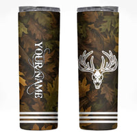 Custom Deer Hunting Skull Skinny Tumbler with Antlers Graphic on Autumn Leaf Camo Background - Wonder Print Shop