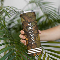 Custom Deer Hunting Skull Skinny Tumbler with Antlers Graphic on Autumn Leaf Camo Background - Wonder Print Shop