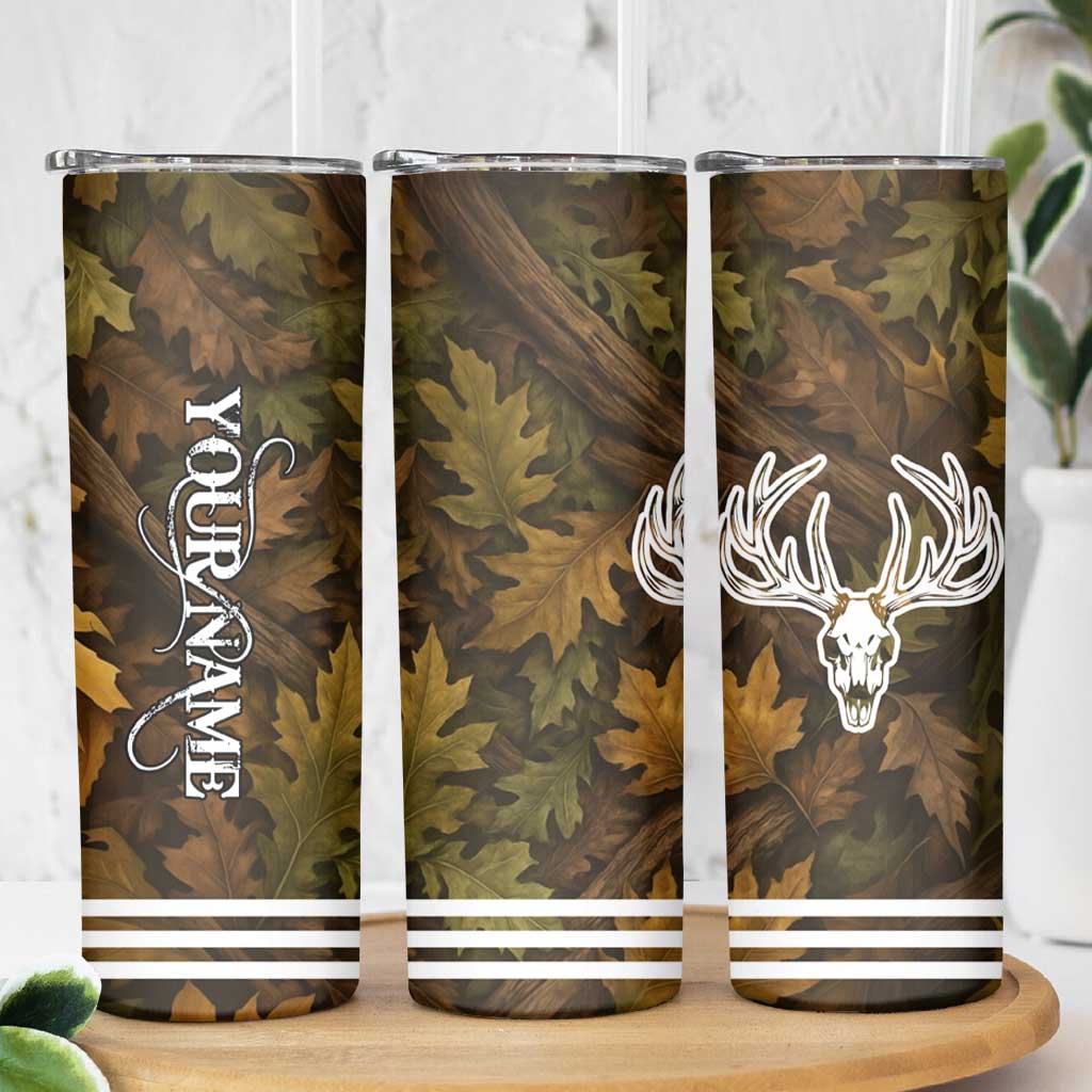 Custom Deer Hunting Skull Skinny Tumbler with Antlers Graphic on Autumn Leaf Camo Background - Wonder Print Shop