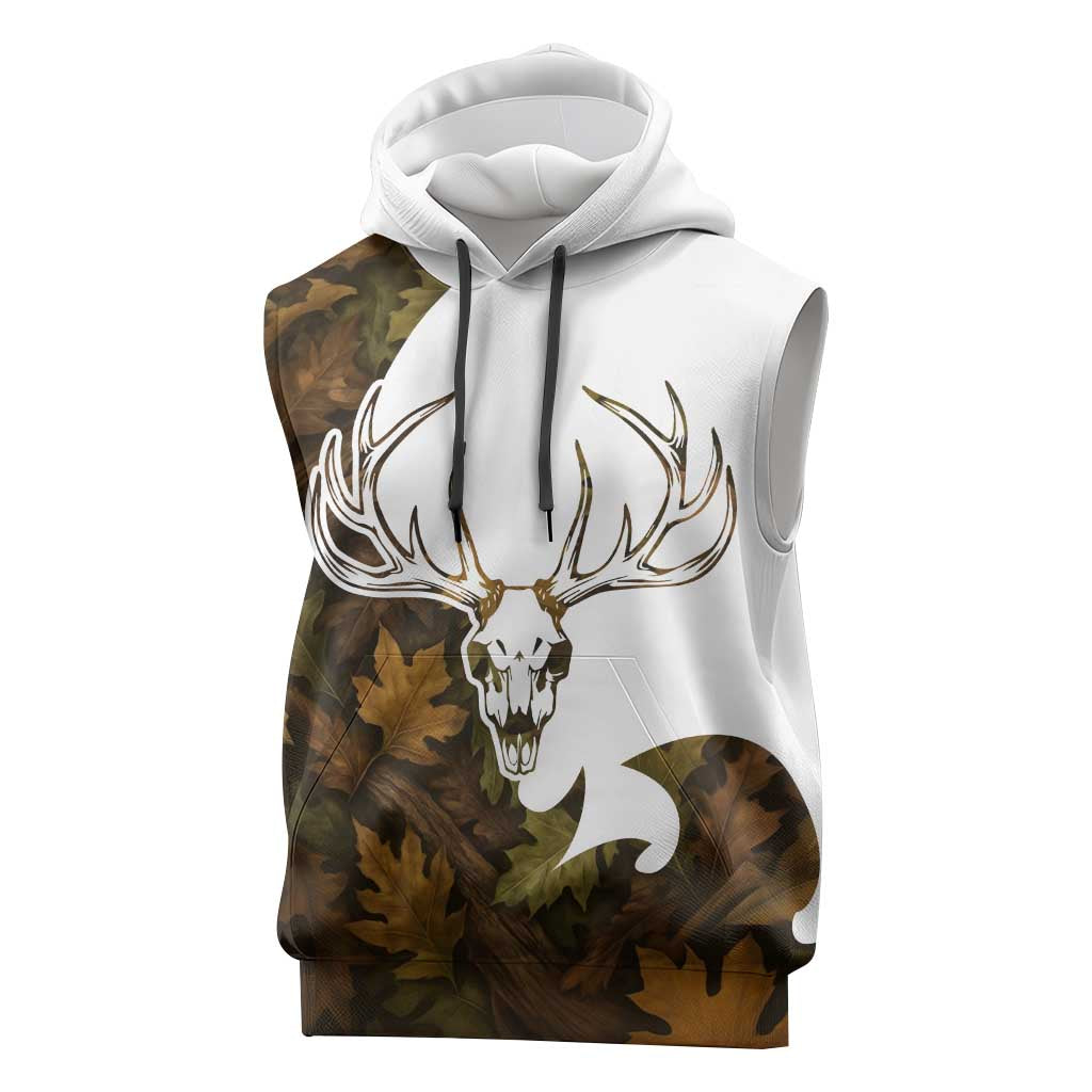 Custom Deer Hunting Skull Sleeveless Hoodie with Antlers Graphic on Autumn Leaf Camo Background - Wonder Print Shop