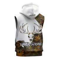 Custom Deer Hunting Skull Sleeveless Hoodie with Antlers Graphic on Autumn Leaf Camo Background - Wonder Print Shop
