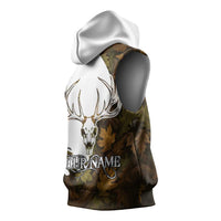 Custom Deer Hunting Skull Sleeveless Hoodie with Antlers Graphic on Autumn Leaf Camo Background - Wonder Print Shop
