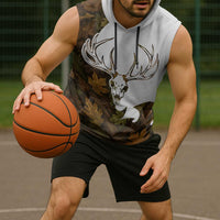 Custom Deer Hunting Skull Sleeveless Hoodie with Antlers Graphic on Autumn Leaf Camo Background - Wonder Print Shop