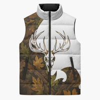 Custom Deer Hunting Skull Sleeveless Puffer Jacket with Antlers Graphic on Autumn Leaf Camo Background - Wonder Print Shop
