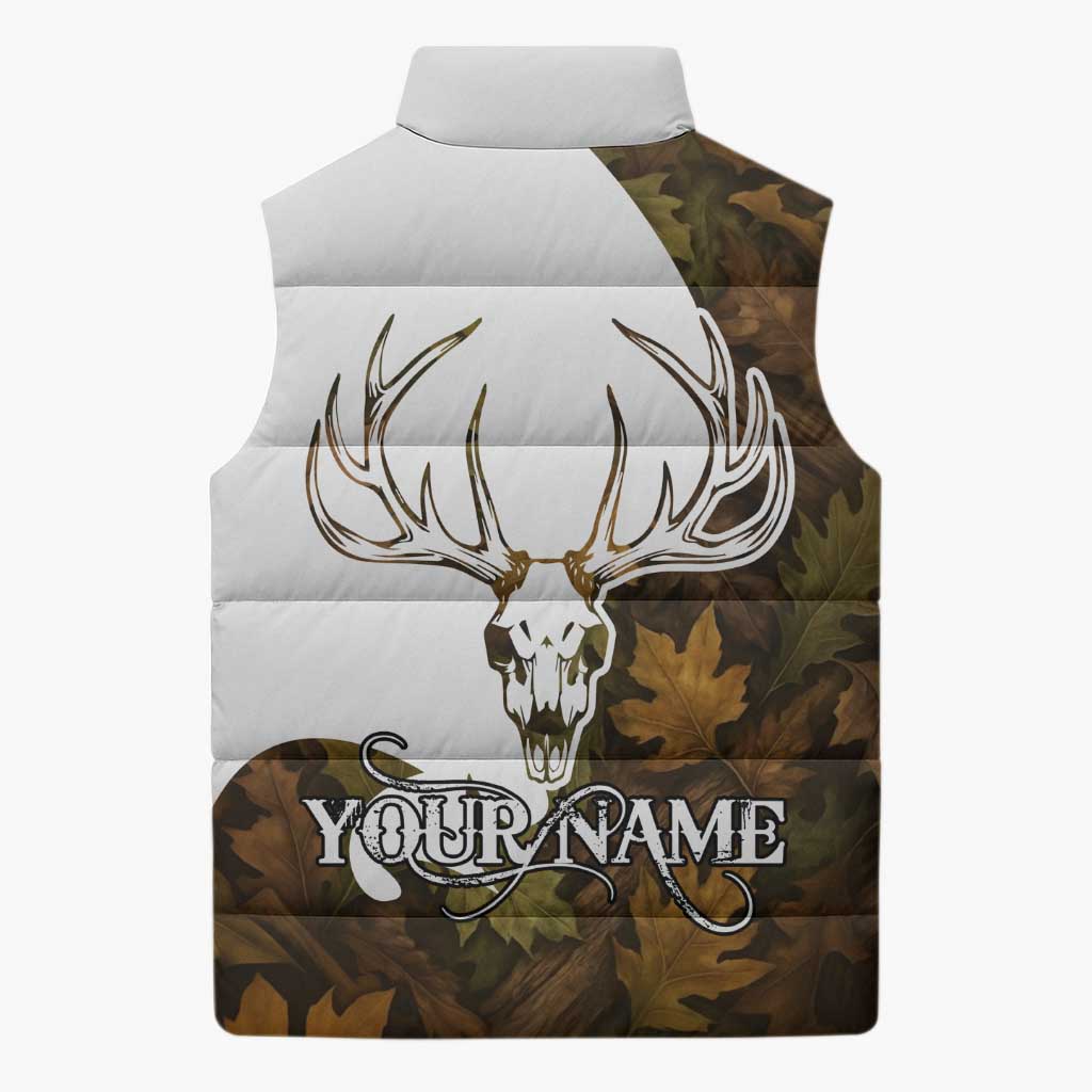 Custom Deer Hunting Skull Sleeveless Puffer Jacket with Antlers Graphic on Autumn Leaf Camo Background - Wonder Print Shop
