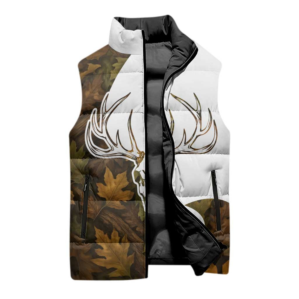 Custom Deer Hunting Skull Sleeveless Puffer Jacket with Antlers Graphic on Autumn Leaf Camo Background - Wonder Print Shop