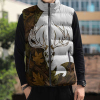 Custom Deer Hunting Skull Sleeveless Puffer Jacket with Antlers Graphic on Autumn Leaf Camo Background - Wonder Print Shop