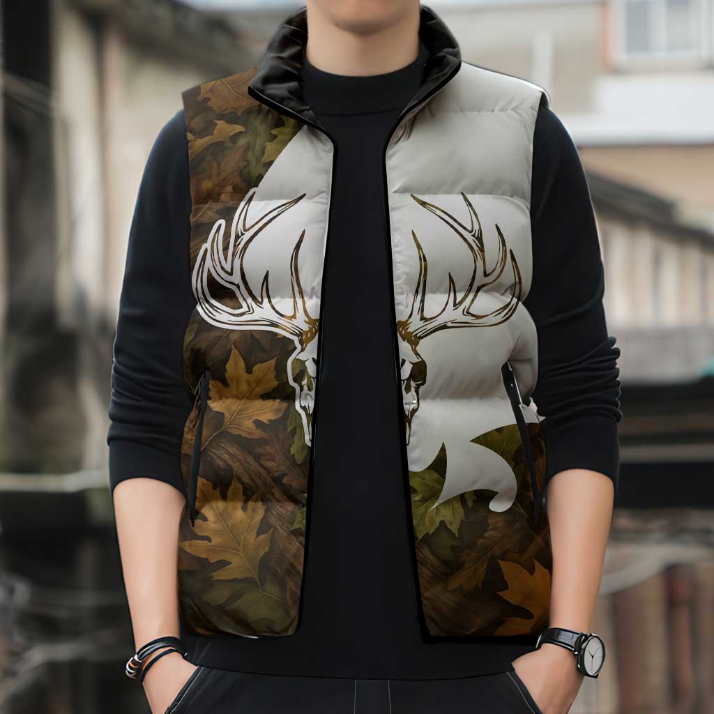 Custom Deer Hunting Skull Sleeveless Puffer Jacket with Antlers Graphic on Autumn Leaf Camo Background - Wonder Print Shop