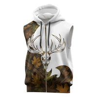Custom Deer Hunting Skull Sleeveless Zip Hoodie with Antlers Graphic on Autumn Leaf Camo Background - Wonder Print Shop