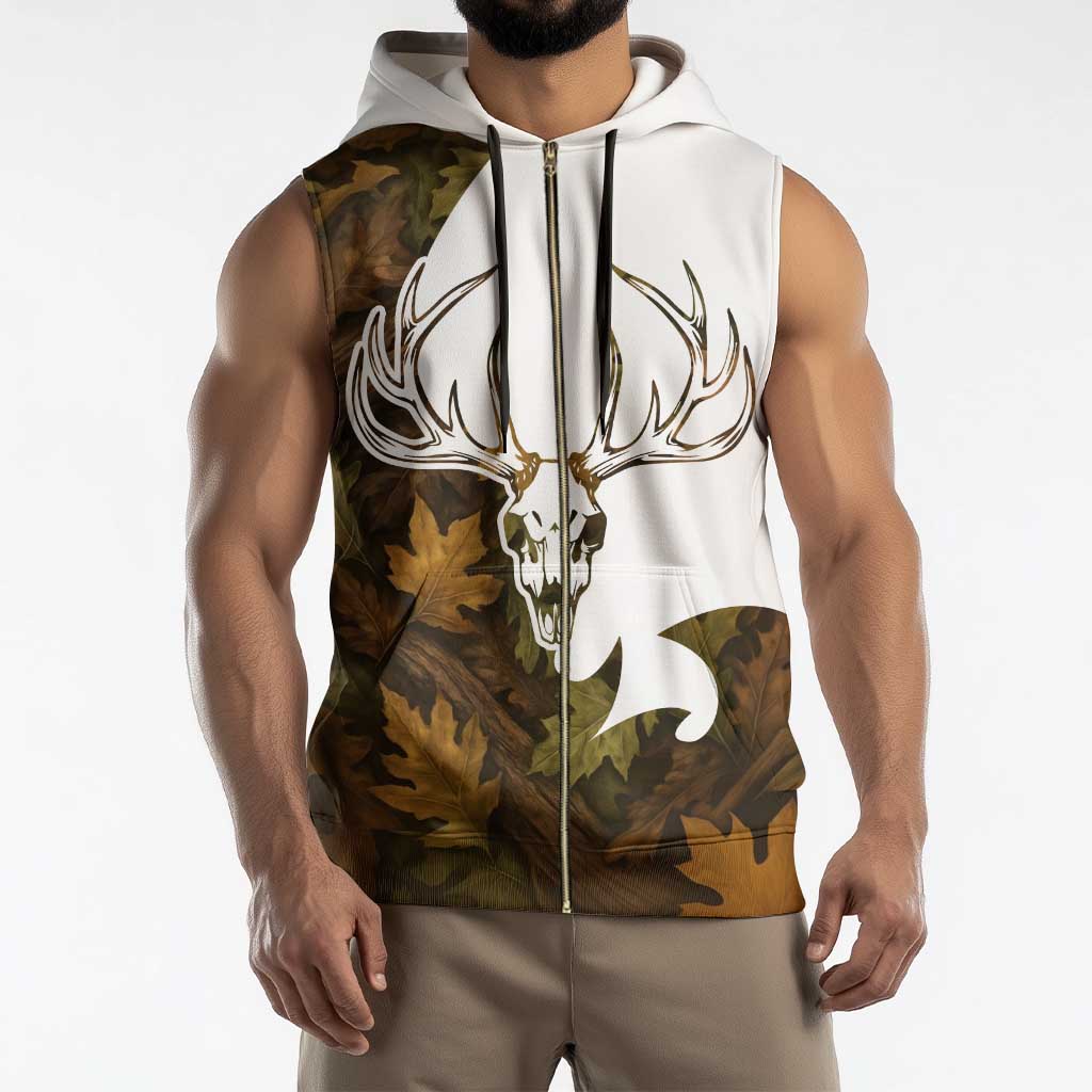 Custom Deer Hunting Skull Sleeveless Zip Hoodie with Antlers Graphic on Autumn Leaf Camo Background - Wonder Print Shop