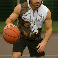 Custom Deer Hunting Skull Sleeveless Zip Hoodie with Antlers Graphic on Autumn Leaf Camo Background - Wonder Print Shop