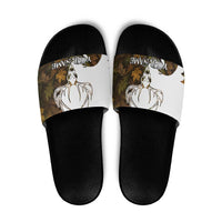 Custom Deer Hunting Skull Slide Sandals with Antlers Graphic on Autumn Leaf Camo Background - Wonder Print Shop