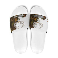 Custom Deer Hunting Skull Slide Sandals with Antlers Graphic on Autumn Leaf Camo Background - Wonder Print Shop