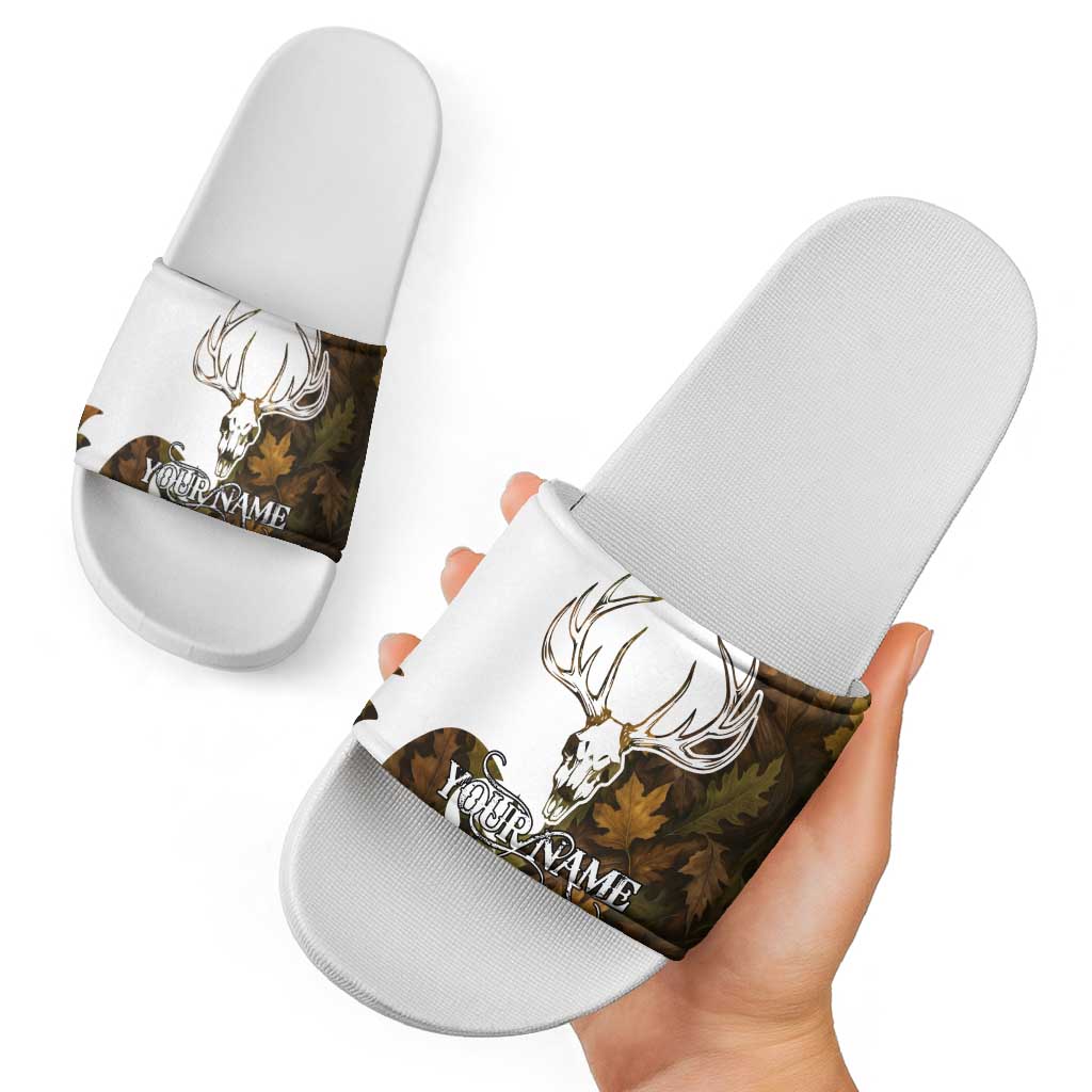 Custom Deer Hunting Skull Slide Sandals with Antlers Graphic on Autumn Leaf Camo Background - Wonder Print Shop