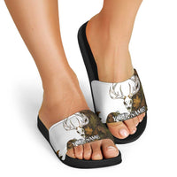 Custom Deer Hunting Skull Slide Sandals with Antlers Graphic on Autumn Leaf Camo Background - Wonder Print Shop