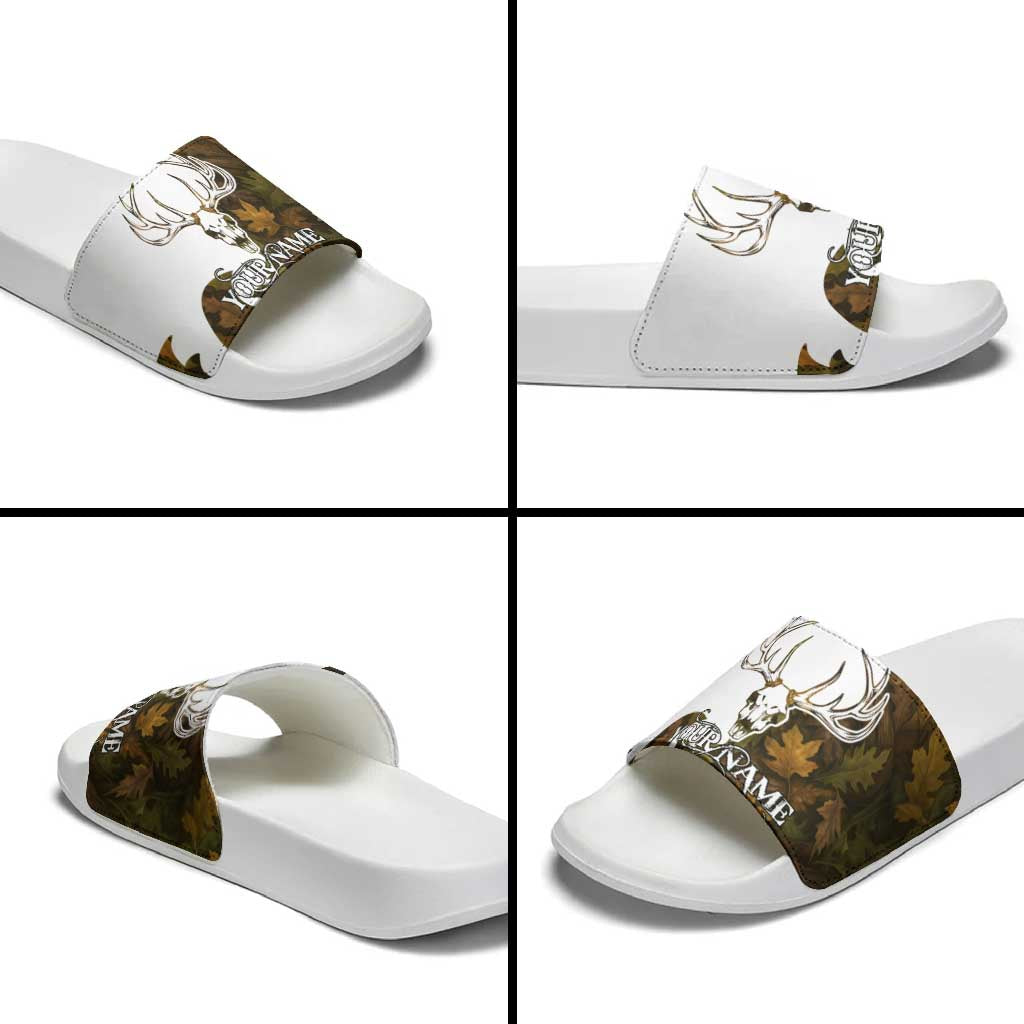 Custom Deer Hunting Skull Slide Sandals with Antlers Graphic on Autumn Leaf Camo Background - Wonder Print Shop