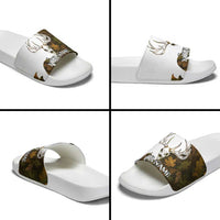 Custom Deer Hunting Skull Slide Sandals with Antlers Graphic on Autumn Leaf Camo Background - Wonder Print Shop