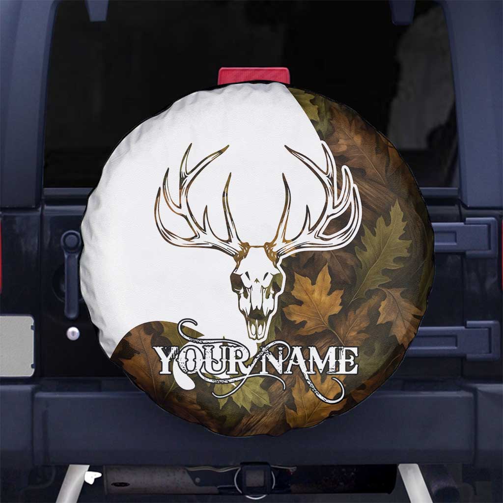 Custom Deer Hunting Skull Spare Tire Cover with Antlers Graphic on Autumn Leaf Camo Background - Wonder Print Shop