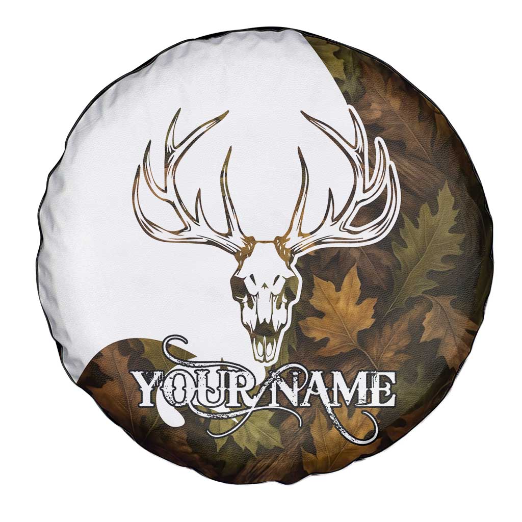 Custom Deer Hunting Skull Spare Tire Cover with Antlers Graphic on Autumn Leaf Camo Background - Wonder Print Shop
