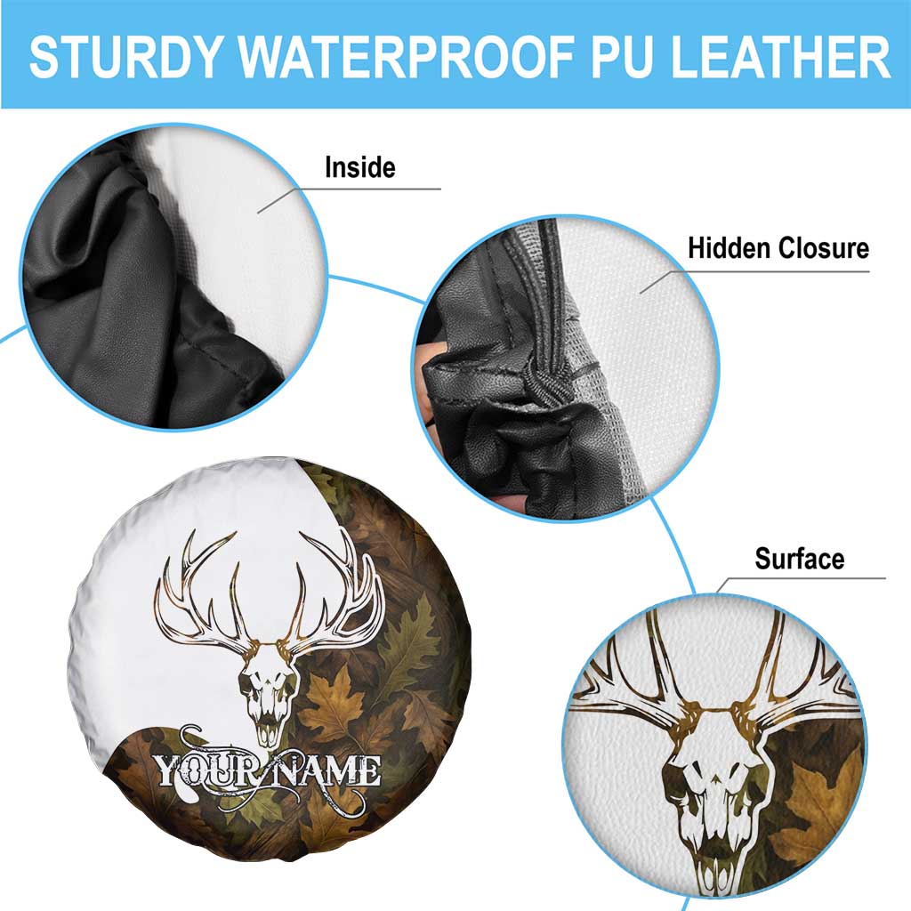 Custom Deer Hunting Skull Spare Tire Cover with Antlers Graphic on Autumn Leaf Camo Background - Wonder Print Shop