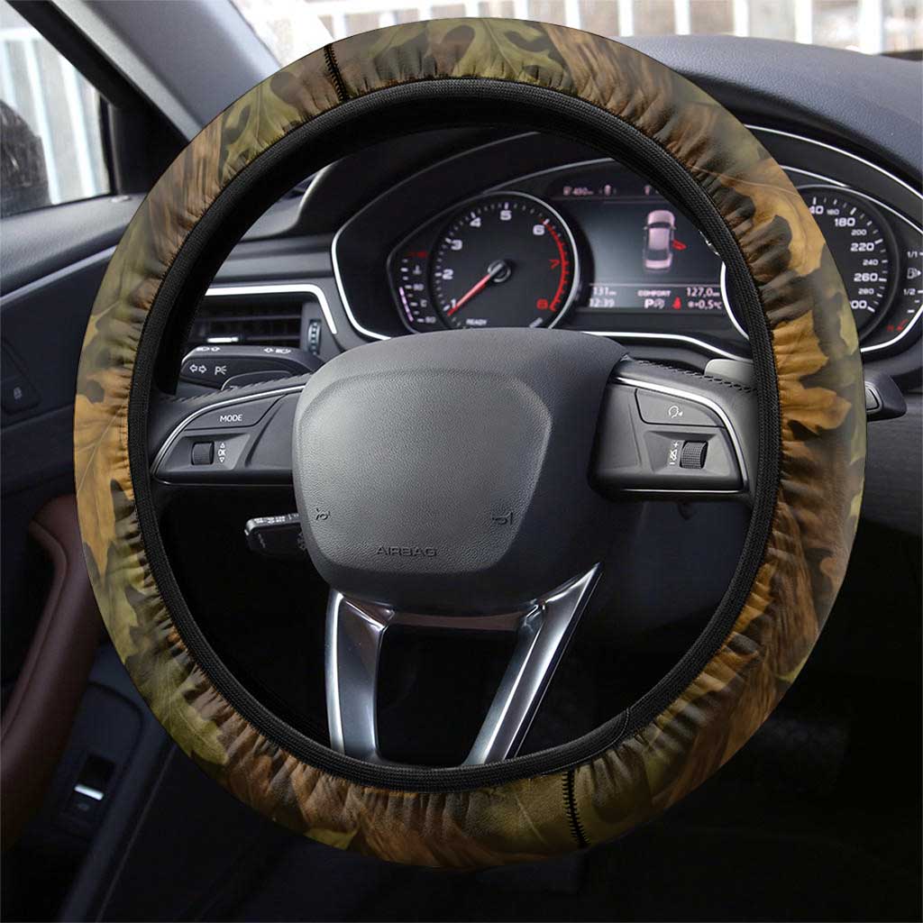 Deer Hunting Skull Steering Wheel Cover with Antlers Graphic on Autumn Leaf Camo Background - Wonder Print Shop