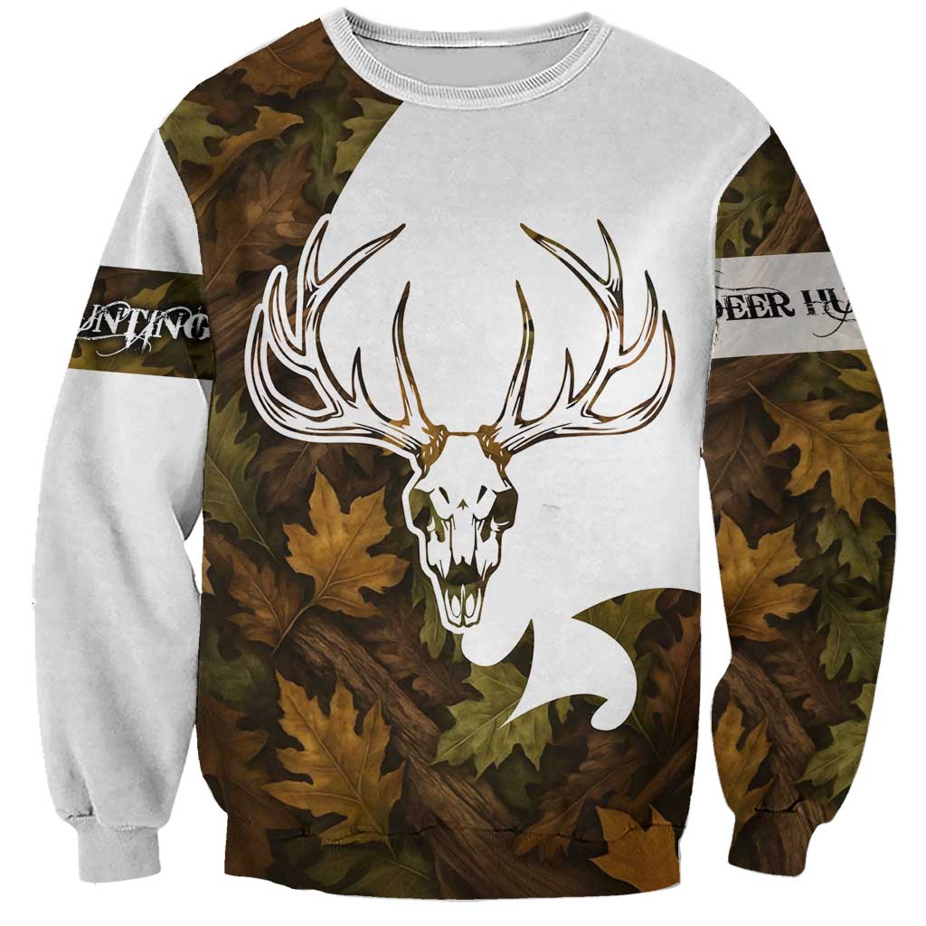 Custom Deer Hunting Skull Sweatshirt with Antlers Graphic on Autumn Leaf Camo Background - Wonder Print Shop