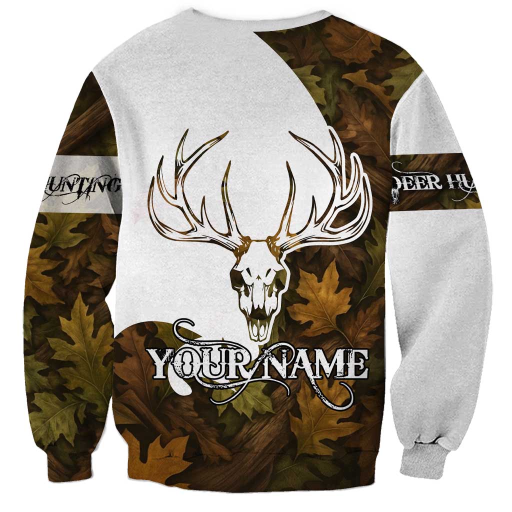 Custom Deer Hunting Skull Sweatshirt with Antlers Graphic on Autumn Leaf Camo Background - Wonder Print Shop