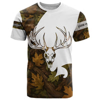 Custom Deer Hunting Skull T Shirt with Antlers Graphic on Autumn Leaf Camo Background - Wonder Print Shop