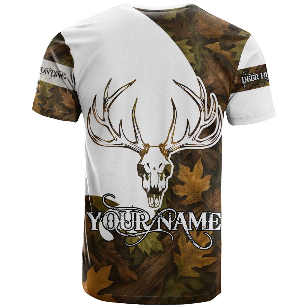 Custom Deer Hunting Skull T Shirt with Antlers Graphic on Autumn Leaf Camo Background - Wonder Print Shop