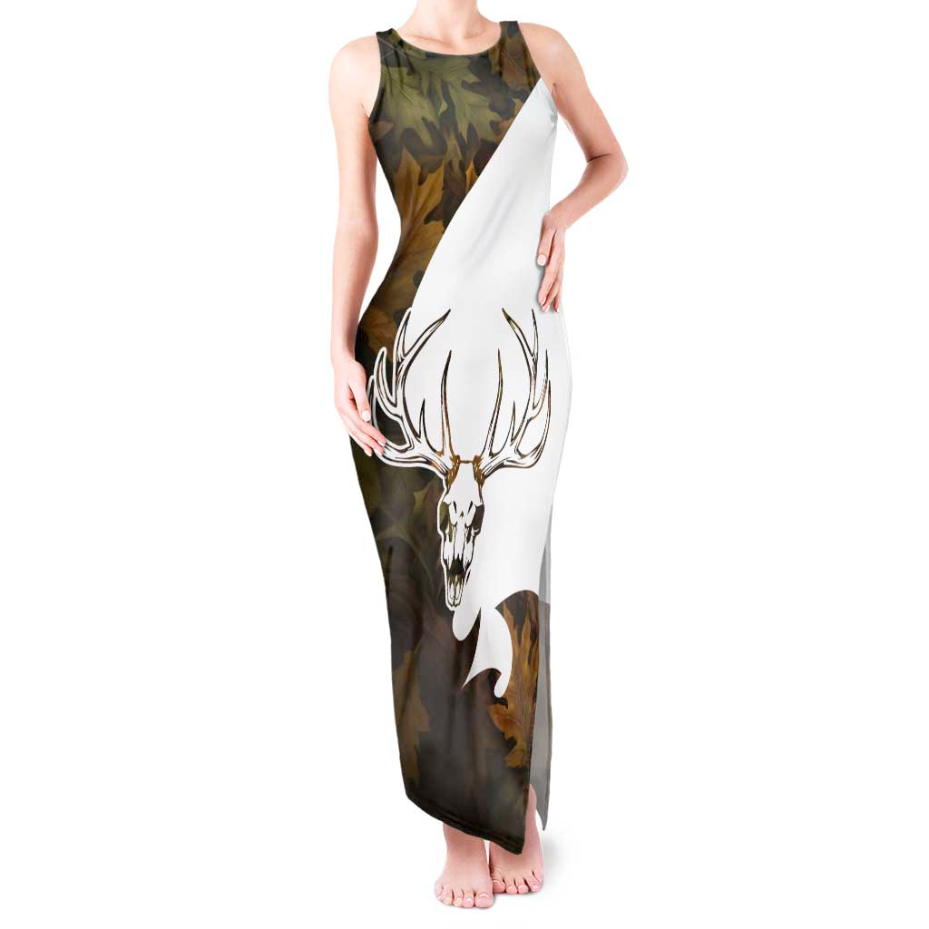 Custom Deer Hunting Skull Tank Maxi Dress with Antlers Graphic on Autumn Leaf Camo Background - Wonder Print Shop