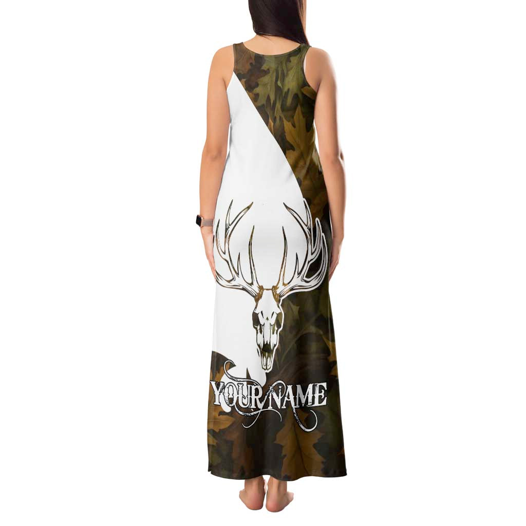 Custom Deer Hunting Skull Tank Maxi Dress with Antlers Graphic on Autumn Leaf Camo Background - Wonder Print Shop