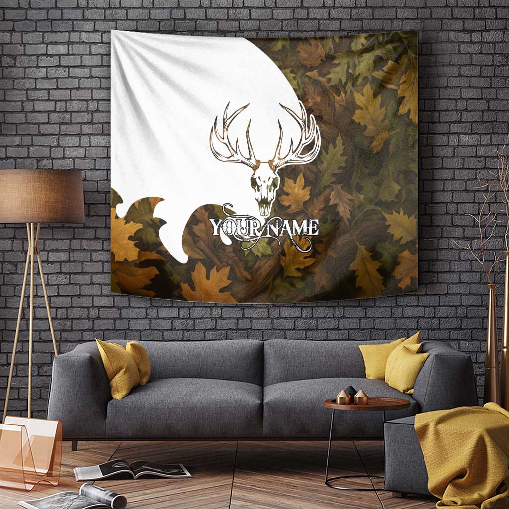 Custom Deer Hunting Skull Tapestry with Antlers Graphic on Autumn Leaf Camo Background - Wonder Print Shop