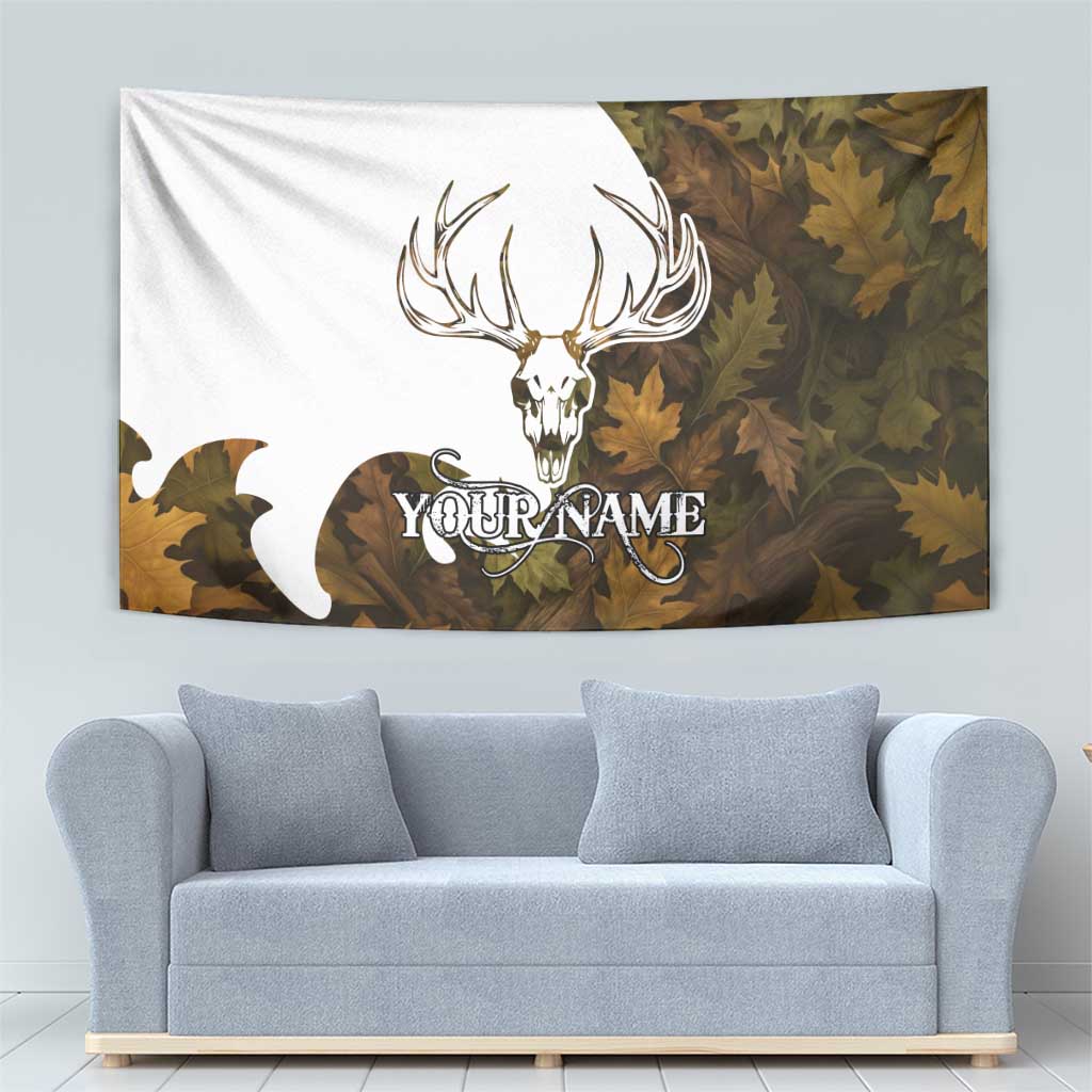 Custom Deer Hunting Skull Tapestry with Antlers Graphic on Autumn Leaf Camo Background - Wonder Print Shop
