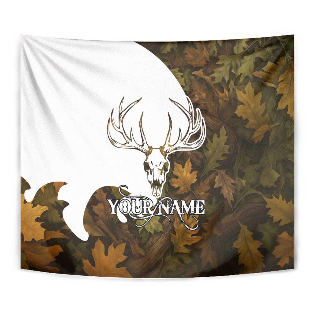 Custom Deer Hunting Skull Tapestry with Antlers Graphic on Autumn Leaf Camo Background - Wonder Print Shop