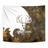 Custom Deer Hunting Skull Tapestry with Antlers Graphic on Autumn Leaf Camo Background - Wonder Print Shop