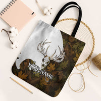 Custom Deer Hunting Skull Tote Bag with Antlers Graphic on Autumn Leaf Camo Background - Wonder Print Shop