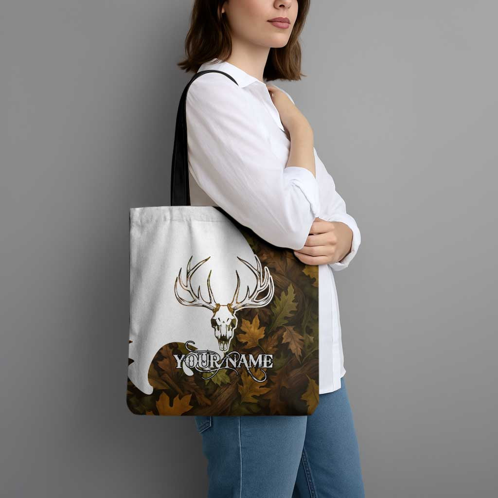 Custom Deer Hunting Skull Tote Bag with Antlers Graphic on Autumn Leaf Camo Background - Wonder Print Shop