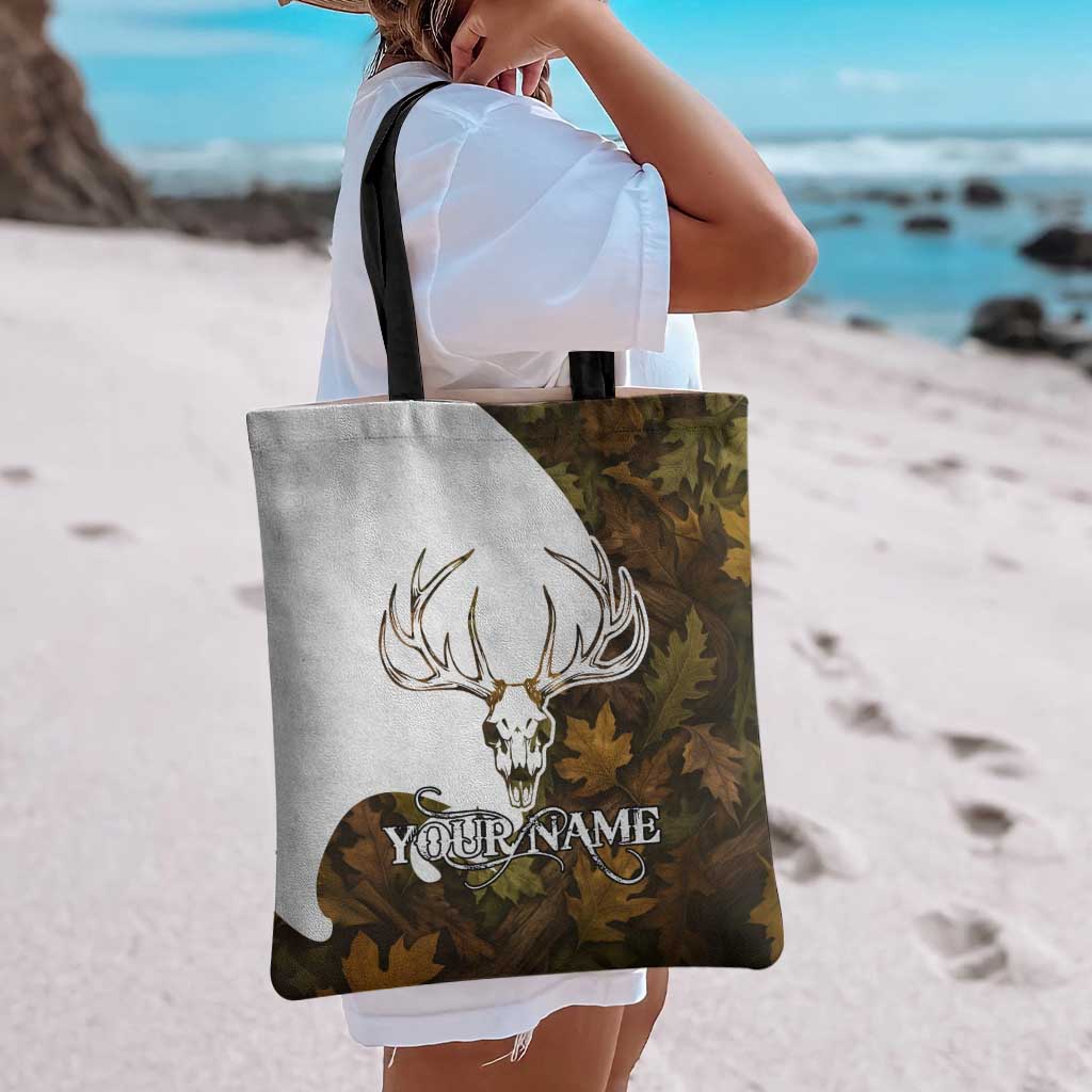 Custom Deer Hunting Skull Tote Bag with Antlers Graphic on Autumn Leaf Camo Background - Wonder Print Shop